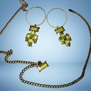 Plunder “Posse” Matching Olive Green Necklace & Crystal Baguette Dangle Earrings